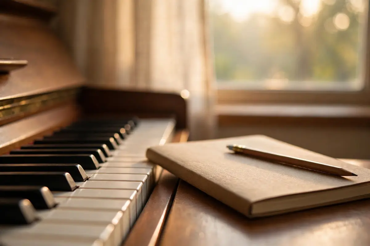 Piano keys in warm morning light, with a notebook and pencil