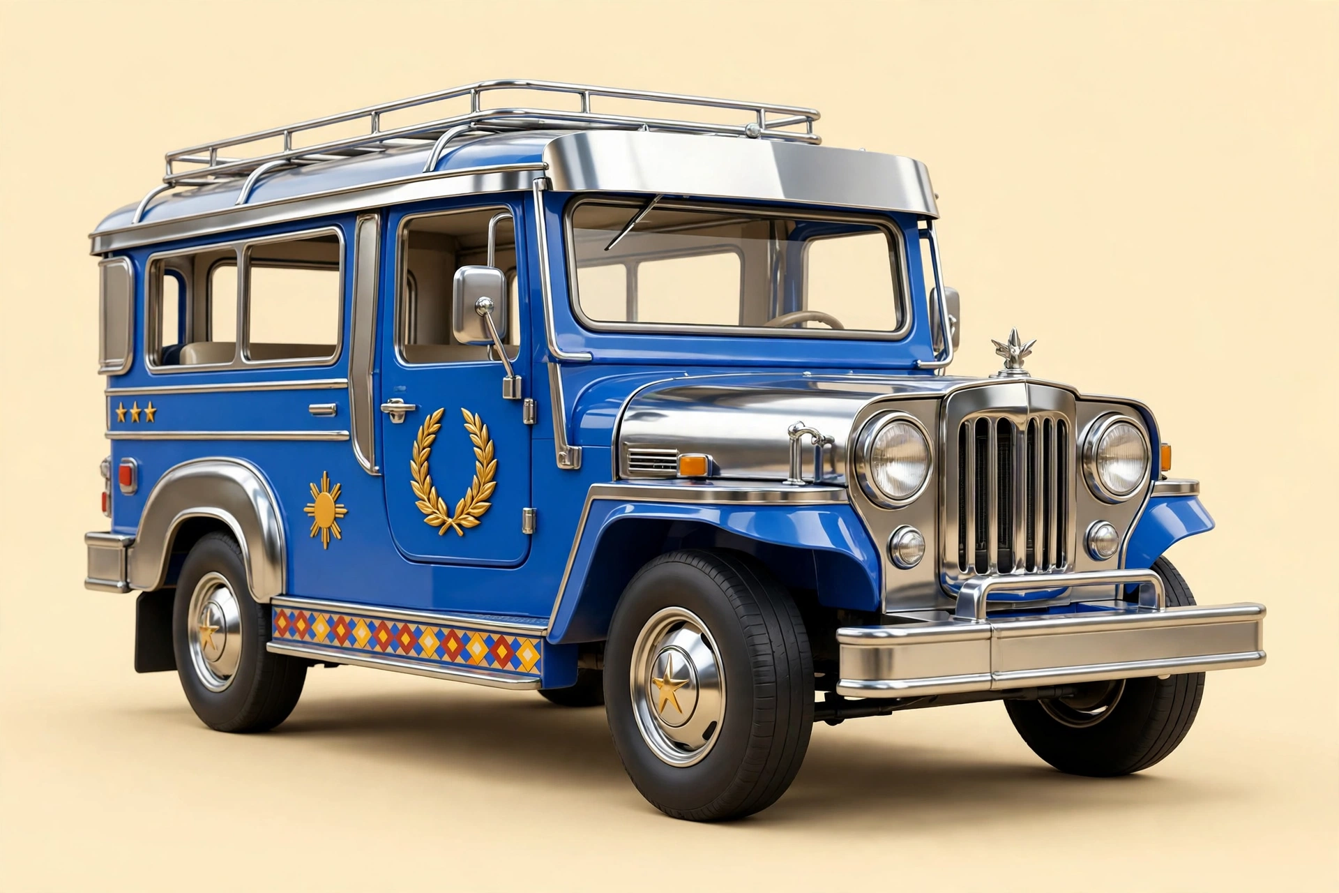 A glossy 3D Filipino jeepney in royal blue and chrome, with a golden sun, three stars, and flag colored trim